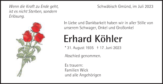 Traueranzeige von Erhard Köhler von Gmünder Tagespost