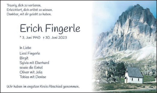 Traueranzeige von Erich Fingerle von Schwäbische Post