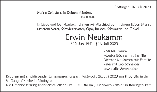 Traueranzeige von Erwin Neukamm von Schwäbische Post