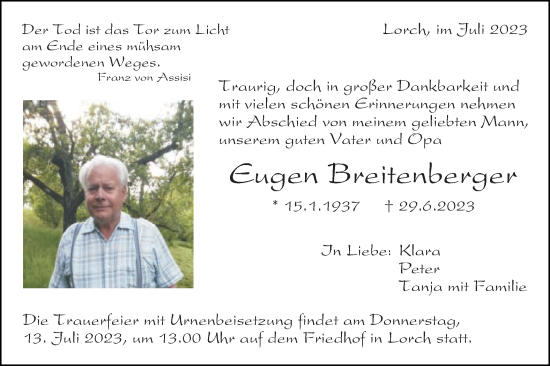 Traueranzeige von Eugen Breitenberger von Gmünder Tagespost