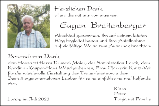 Traueranzeige von Eugen Breitenberger von Gmünder Tagespost