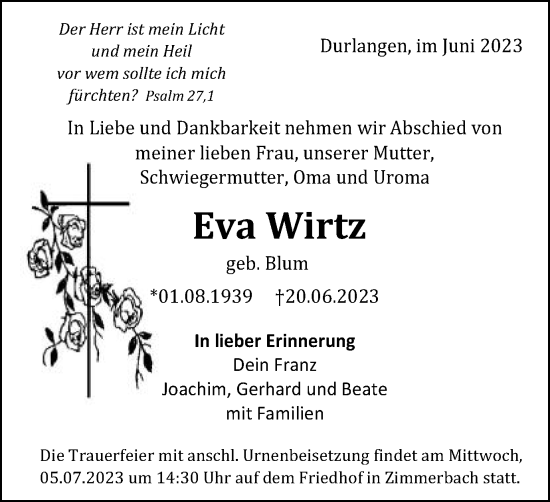 Traueranzeige von Eva Wirtz von Gmünder Tagespost