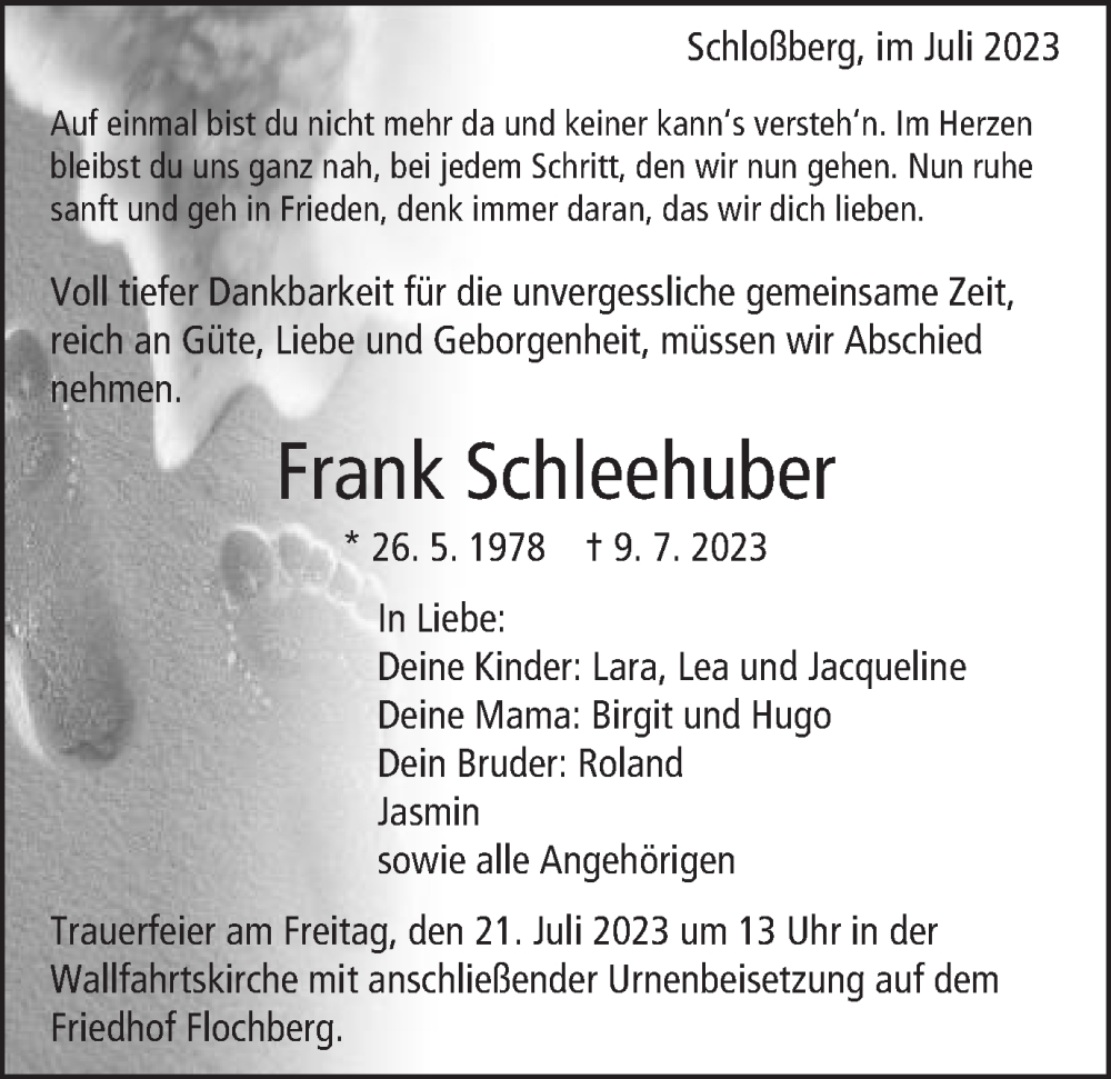  Traueranzeige für Frank Schleehuber vom 15.07.2023 aus Schwäbische Post