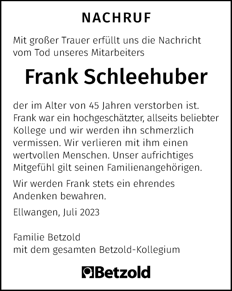  Traueranzeige für Frank Schleehuber vom 15.07.2023 aus Schwäbische Post