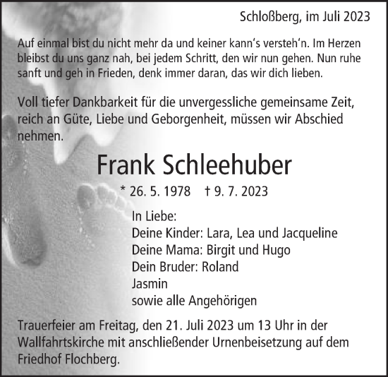 Traueranzeige von Frank Schleehuber von Schwäbische Post