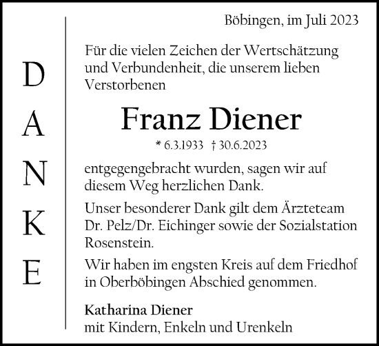 Traueranzeige von Franz Diener von Gmünder Tagespost