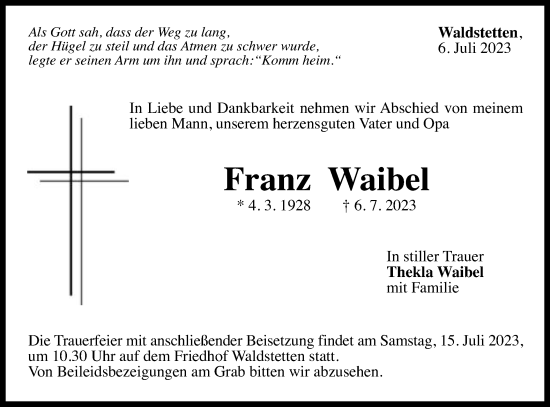 Traueranzeige von Franz Waibel von Gmünder Tagespost