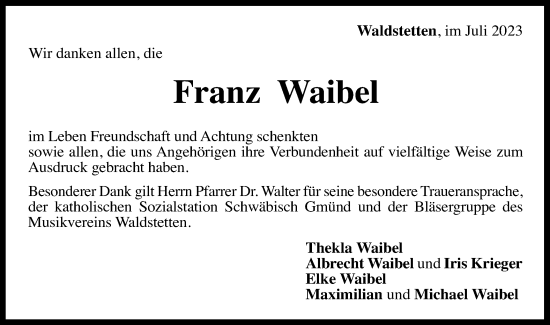 Traueranzeige von Franz Waibel von Gmünder Tagespost
