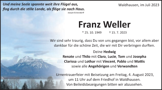 Traueranzeige von Franz Weller von Schwäbische Post