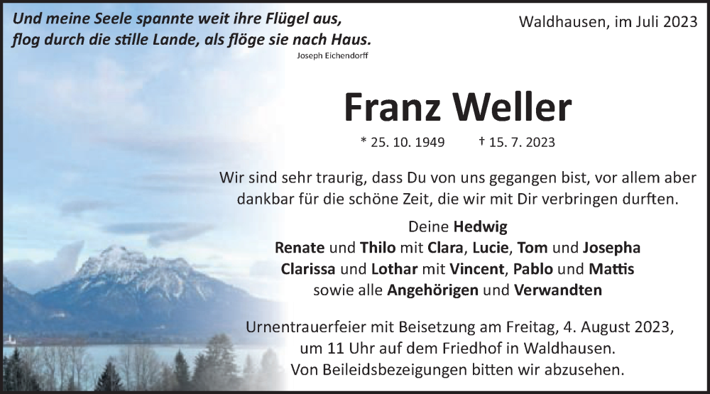  Traueranzeige für Franz Weller vom 27.07.2023 aus Schwäbische Post