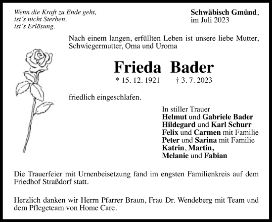 Traueranzeige von Frieda Bader von Gmünder Tagespost