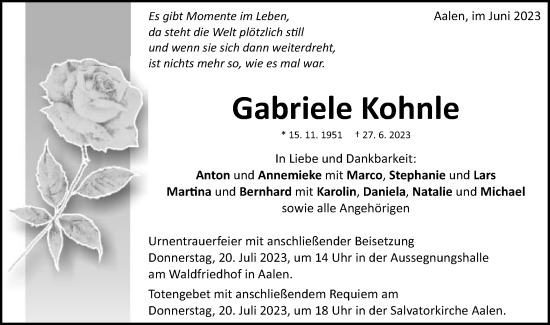 Traueranzeige von Gabriele Kohnle von Schwäbische Post