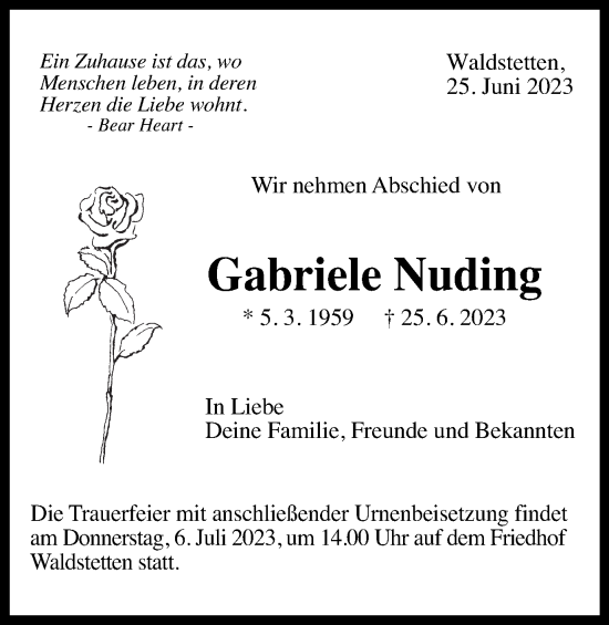 Traueranzeige von Gabriele Nuding von Gmünder Tagespost