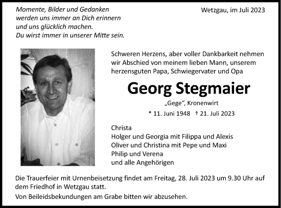 Traueranzeige von Georg Stegmaier von Gmünder Tagespost