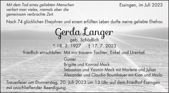 Traueranzeige von Gerda Langer von Schwäbische Post