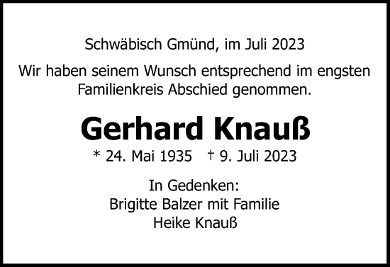 Traueranzeige von Gerhard Knauß von Gmünder Tagespost