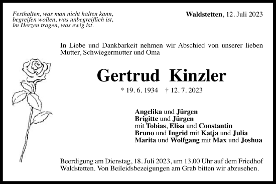 Traueranzeige von Gertrud Kinzler von Gmünder Tagespost