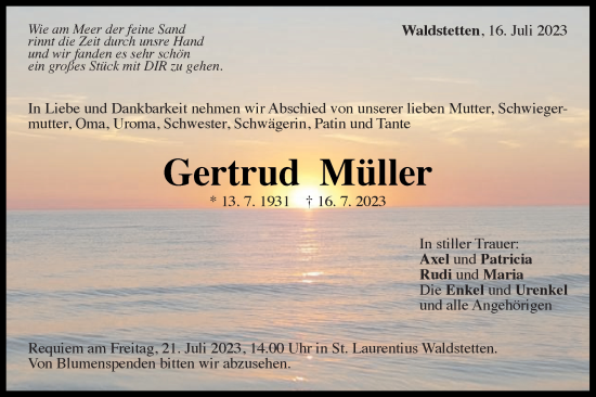 Traueranzeige von Gertrud Müller von Gmünder Tagespost