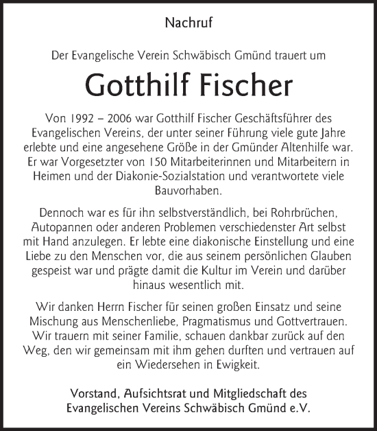 Traueranzeige von Gotthilf Fischer von Gmünder Tagespost