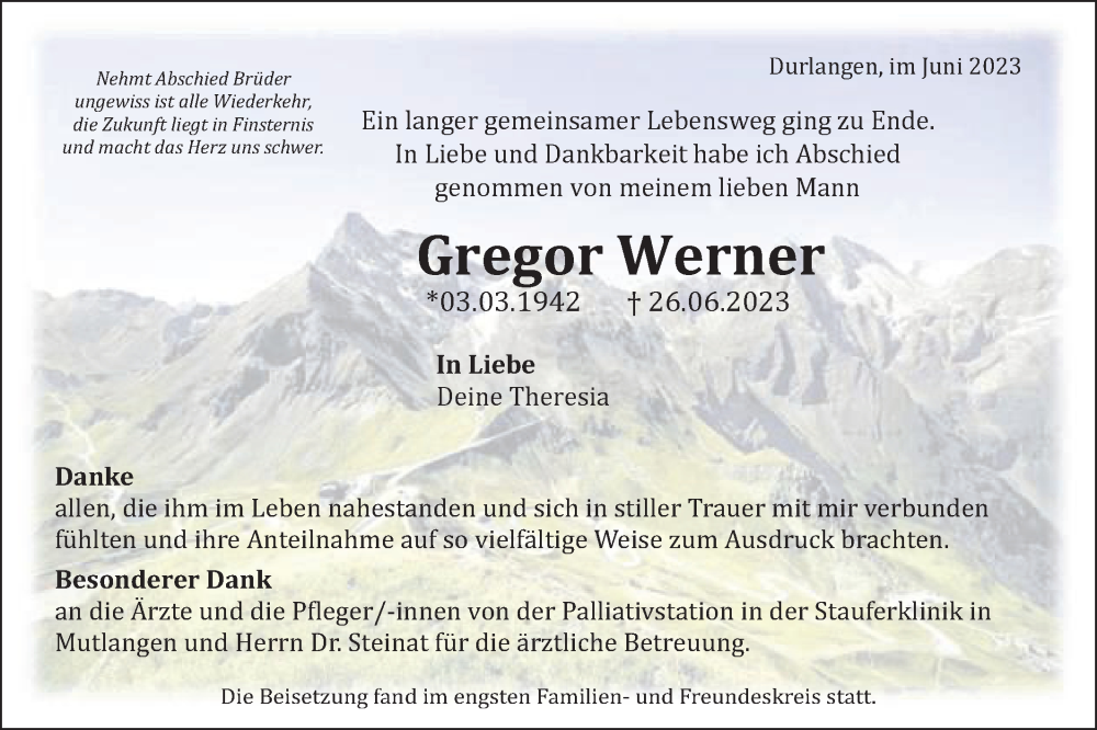  Traueranzeige für Gregor Werner vom 08.07.2023 aus Gmünder Tagespost