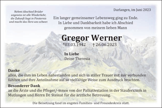 Traueranzeige von Gregor Werner von Gmünder Tagespost