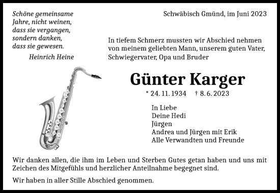Traueranzeige von Günter Karger von Gmünder Tagespost