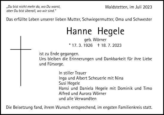 Traueranzeige von Hanne Hegele von Gmünder Tagespost