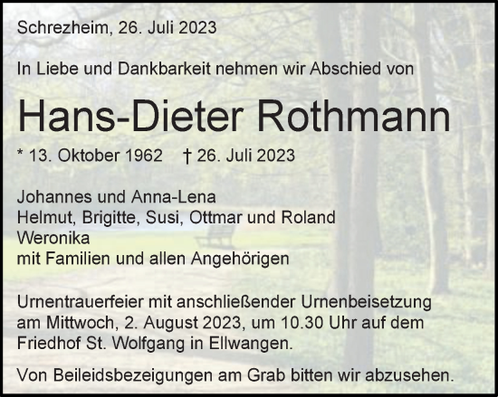 Traueranzeige von Hans-Dieter Rothmann von Schwäbische Post