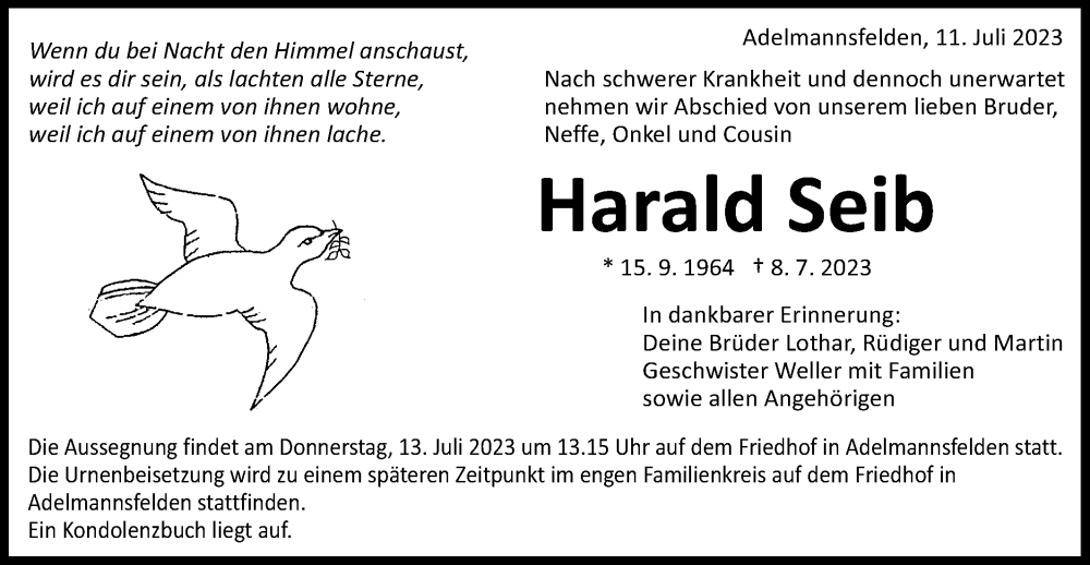  Traueranzeige für Harald Seib vom 11.07.2023 aus Schwäbische Post