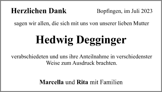 Traueranzeige von Hedwig Degginger von Schwäbische Post