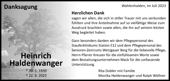 Traueranzeige von Heinrich Haldenwanger von Schwäbische Post