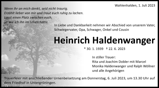 Traueranzeige von Heinrich Haldenwanger von Schwäbische Post