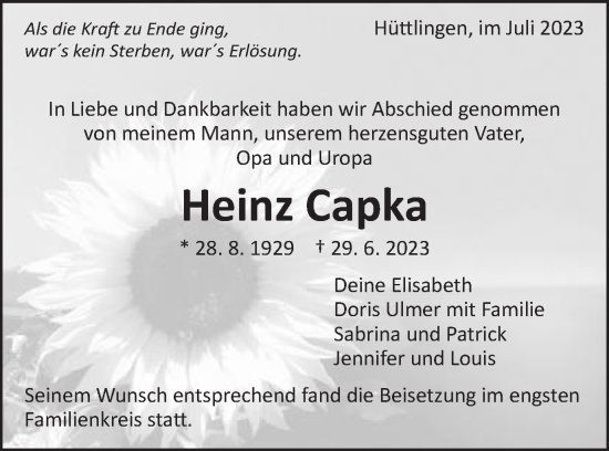 Traueranzeige von Heinz Capka von Schwäbische Post