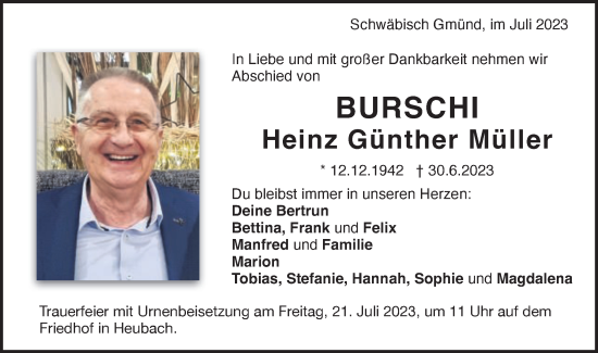 Traueranzeige von Heinz Günther Müller von Gmünder Tagespost