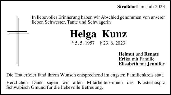 Traueranzeige von Helga Kunz von Gmünder Tagespost