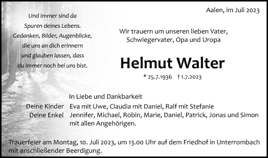 Traueranzeige von Helmut Walter von Schwäbische Post