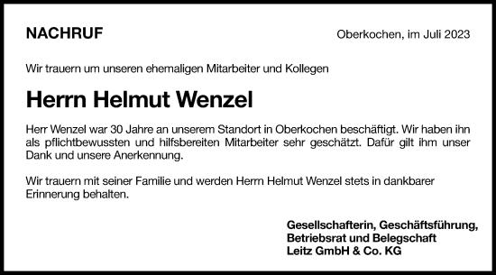 Traueranzeige von Helmut Wenzel von Schwäbische Post