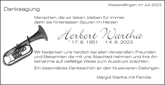 Traueranzeige von Herbert Wartha von Schwäbische Post