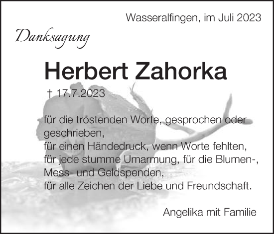 Traueranzeige von Herbert Zahorka von Schwäbische Post