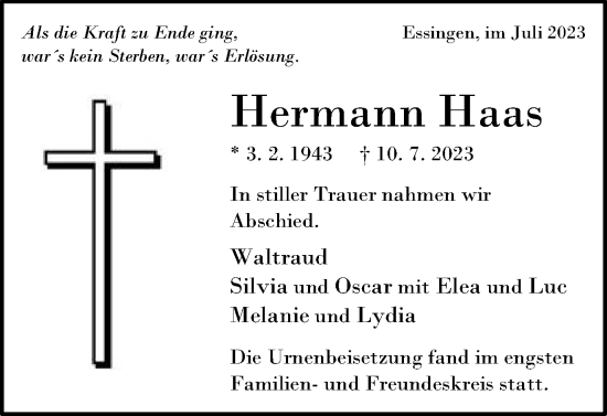 Traueranzeige von Hermann Haas von Schwäbische Post