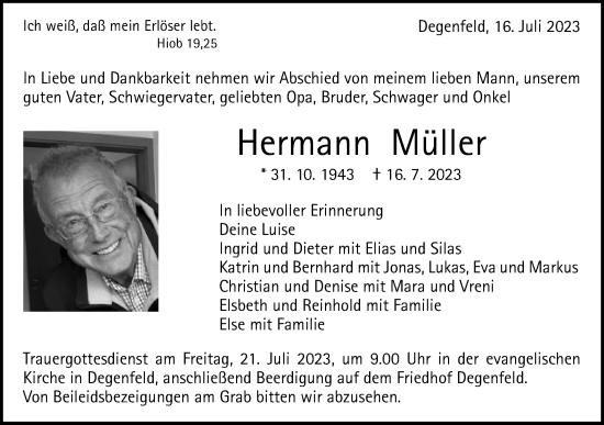 Traueranzeige von Hermann Müller von Gmünder Tagespost