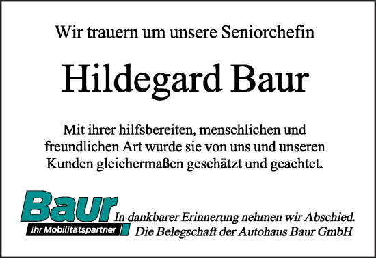 Traueranzeige von Hildegard Baur von Gmünder Tagespost