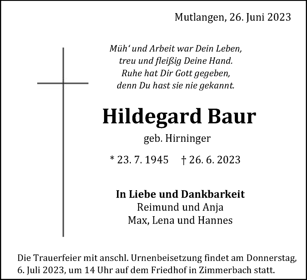  Traueranzeige für Hildegard Baur vom 01.07.2023 aus Gmünder Tagespost
