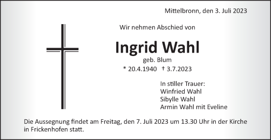 Traueranzeige von Ingrid Wahl von Gmünder Tagespost