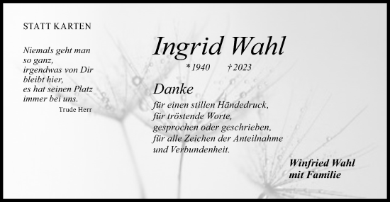 Traueranzeige von Ingrid Wahl von Gmünder Tagespost