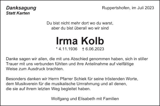 Traueranzeige von Irma Kolb von Gmünder Tagespost