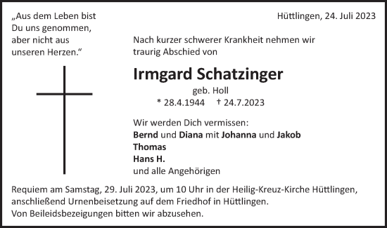 Traueranzeige von Irmgard Schatzinger von Schwäbische Post