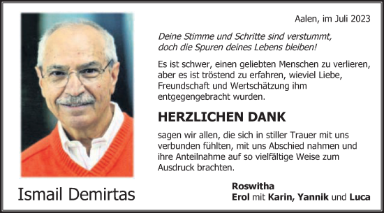 Traueranzeige von Ismail Demirtas von Schwäbische Post