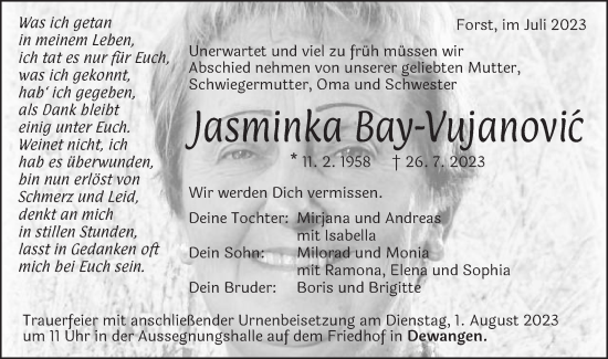 Traueranzeige von Jasminka Bay-Vujanovic von Schwäbische Post