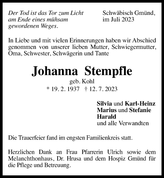 Traueranzeige von Johanna Stempfle von Gmünder Tagespost